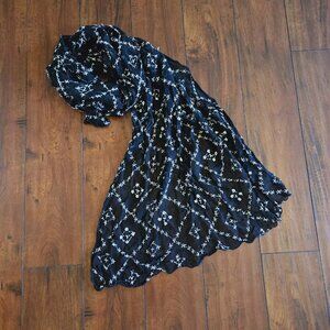 Women's Black White Full Mirror Work Embroidered Long Soft Wrap Shawl Scarf